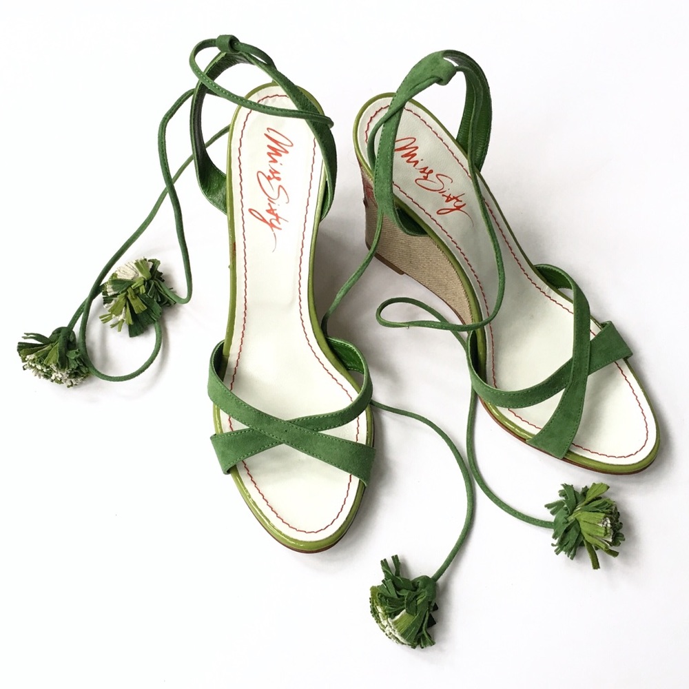 EUC Miss Sixty Green Ankle Tie Wedge Sandals